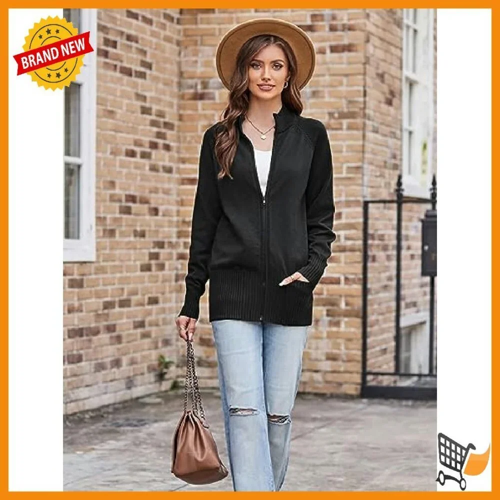 Long Sleeve Zip Up Knit Cardigan with Pockets Stand Collar Fall Jacket